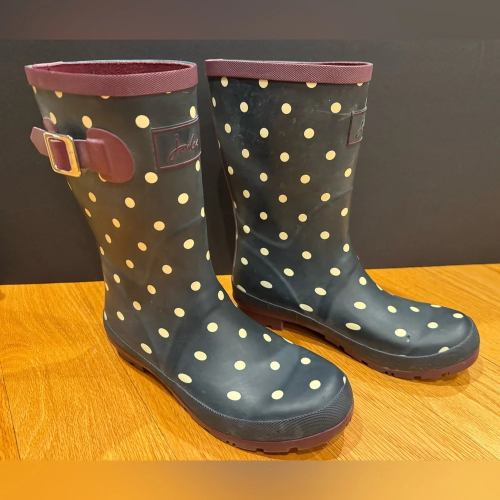 Joules Molly Welly Mid Calf Navy Rain Boots White Polka Dot Burgundy Trim Size 8 - Picture 4 of 16
